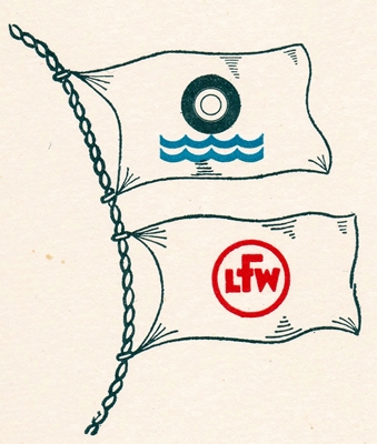 Flaggen der Reederei und der Bauwerft zieren die Menü-Karte zum Stapellauf des Schiffes 1966