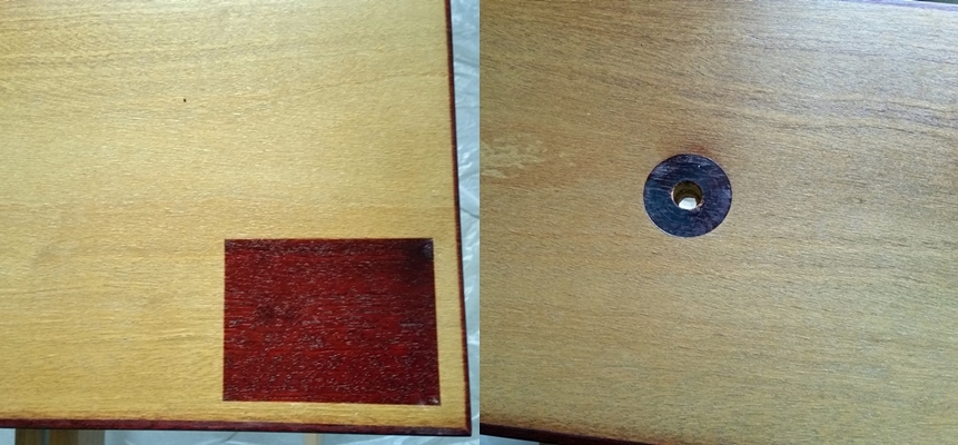 Schadbild: Lackierung der Holzteile an der Vitrine durch langjährig erhöhte UV Strahlung angegriffen